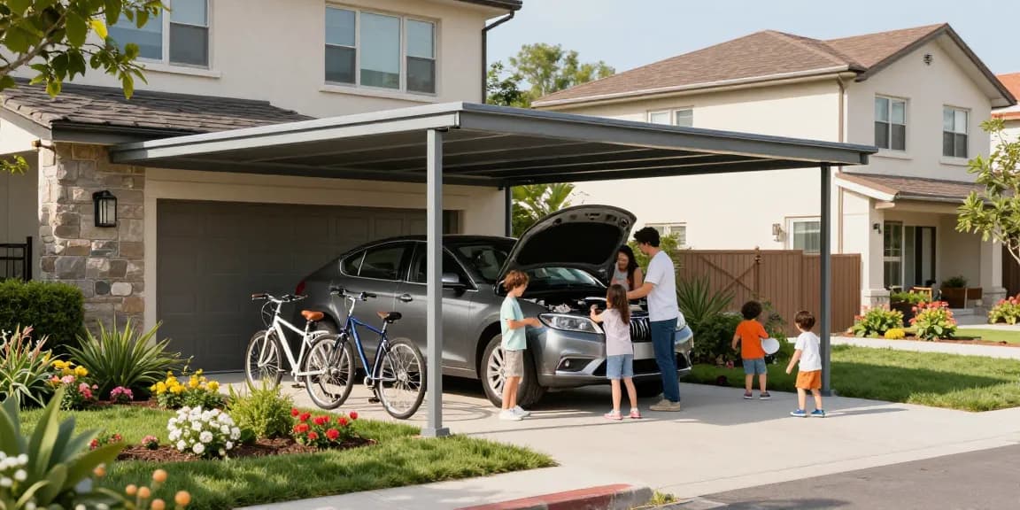 Ein Carport bietet Schutz für das Auto, während die Familie in der Nähe spielt und den Garten genießt.