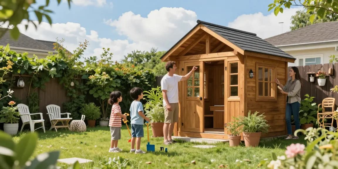 Gartenhaus kaufen: Familie wählt entspannt ein Holz-Gartenhaus im sonnigen Garten aus.