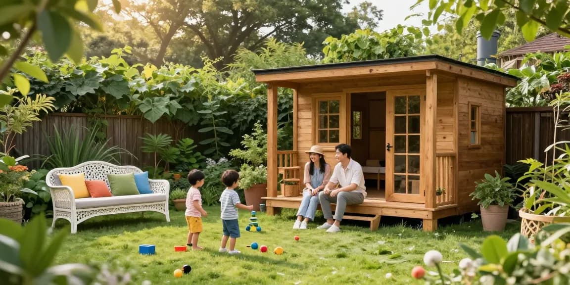 Ein Gartenhaus Holz als Mittelpunkt, umgeben von einer glücklichen Familie und schönem Gartenleben.