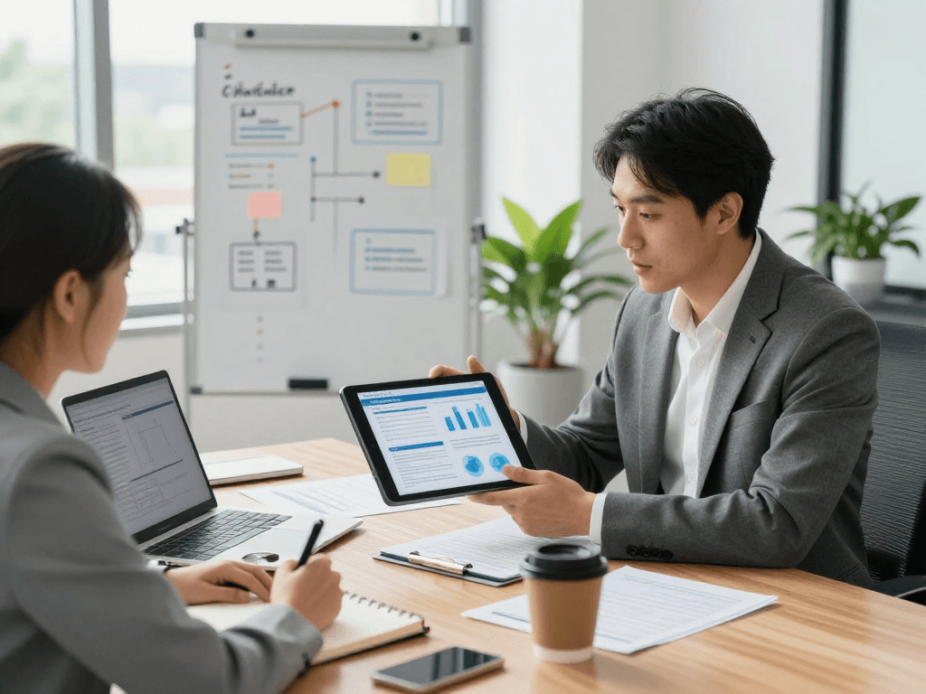 Beratungssitzung zur Datenschutzstrategie auf der Startseite mit einem erfahrenen Berater und einem Unternehmer in einem modernen Büro