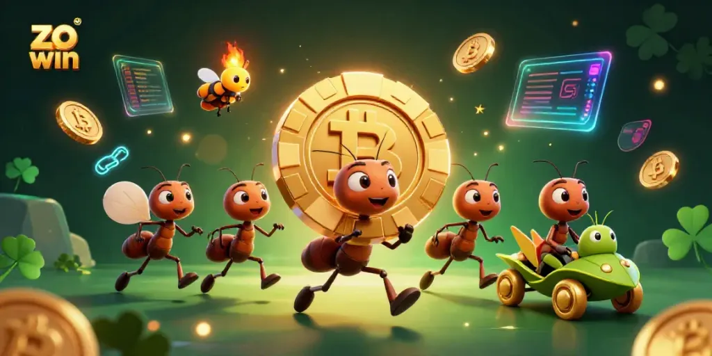 Experience the thrill of zo win with a dynamic heist scene featuring animated ants, poker chips, and crypto coins.