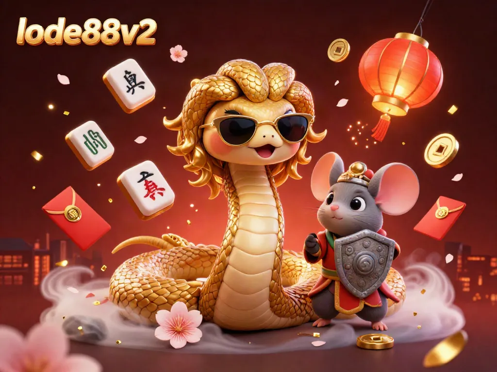 Experience the excitement of lode88v2 with a cartoon Medusa and a warrior mouse amidst vibrant casino elements.