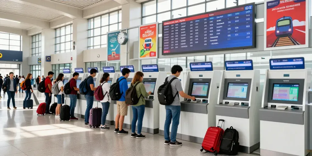 Ein Reisender bucht ein Zugticket am modernen Ticketautomaten in einem belebten Bahnhof, umgeben von anderen Pendlern.