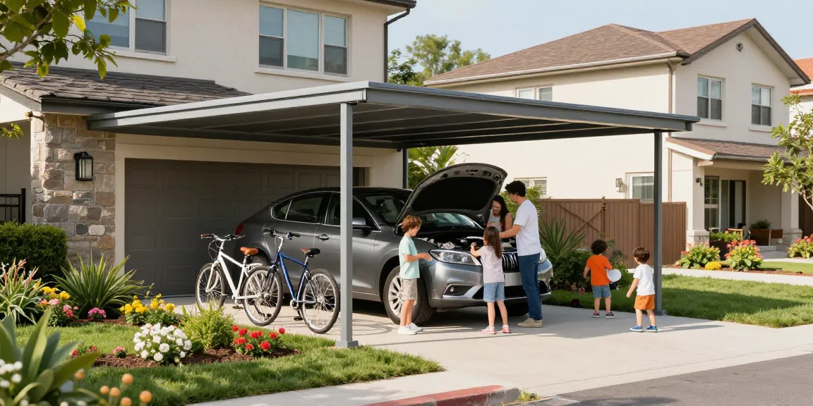 Ein Carport bietet Schutz für das Auto, während die Familie in der Nähe spielt und den Garten genießt.