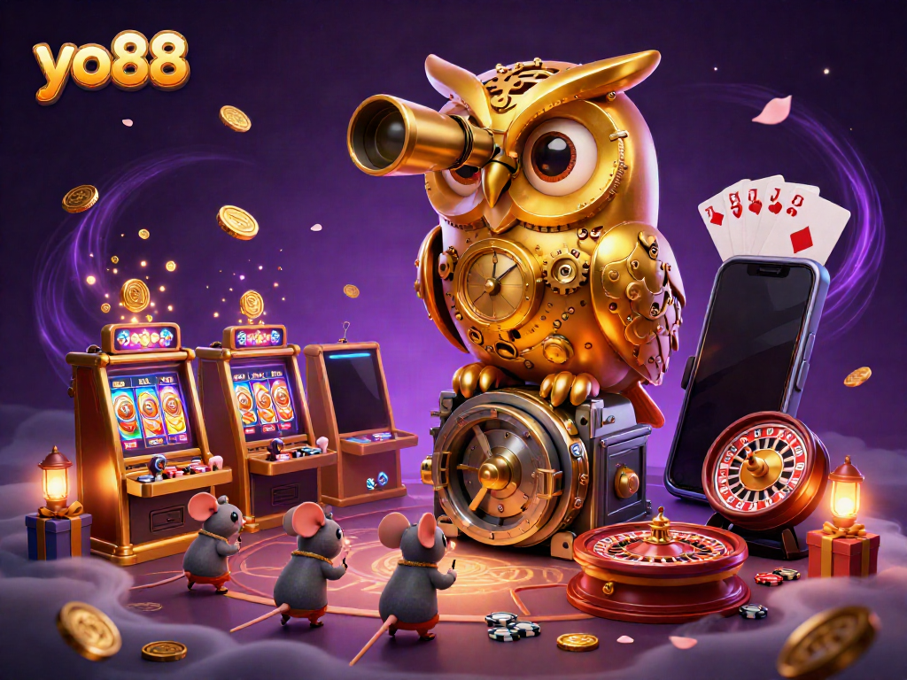 Experience the excitement of yo88 with a captivating golden owl watching over a vibrant casino scene filled with games and animations.
