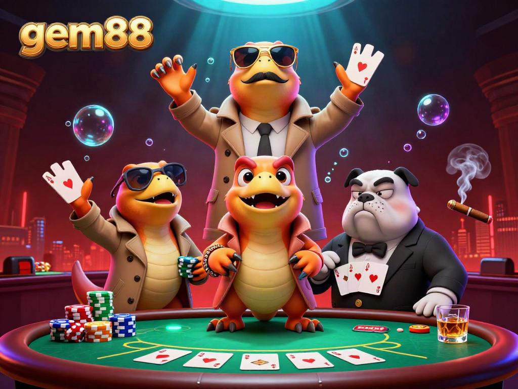 Experience the fun of gem88 as three raptors in a trench coat hilariously attempt to access a VIP casino lounge.