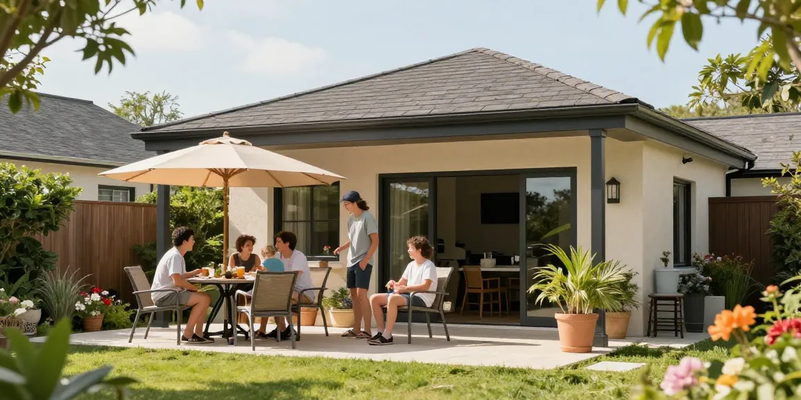 Schöne freistehende Terrassenüberdachung im Garten während eines Familienpicknicks.
