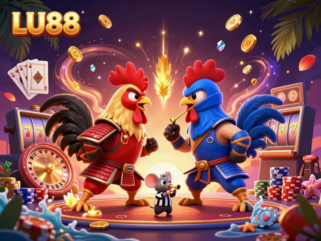 LU88 showcases twin fighting roosters amid flying coins, colorful chips, and dynamic gambling elements.