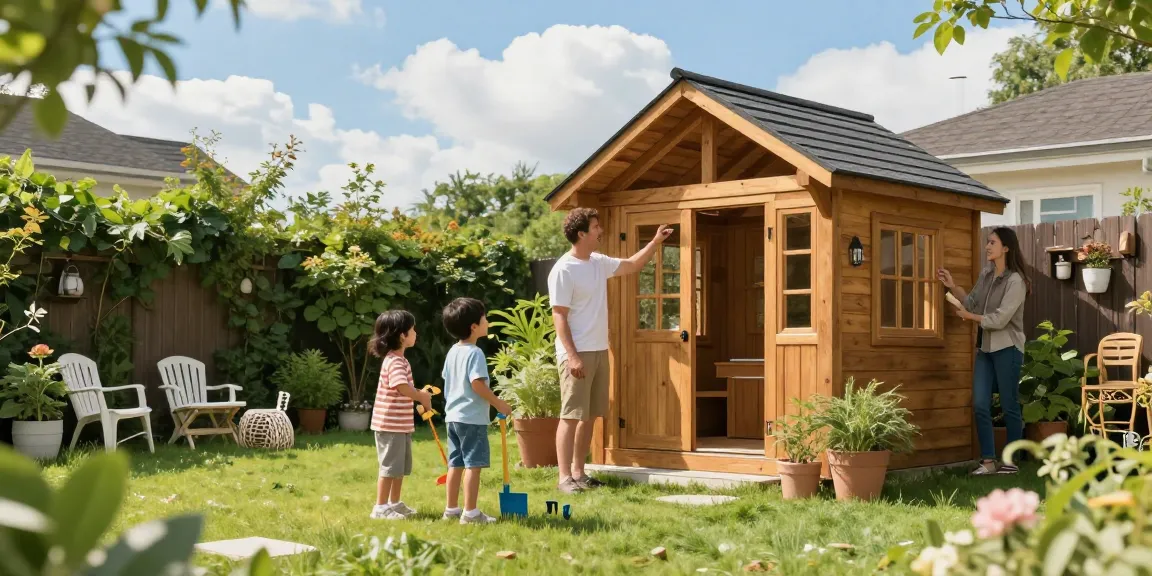 Gartenhaus kaufen: Familie wählt entspannt ein Holz-Gartenhaus im sonnigen Garten aus.
