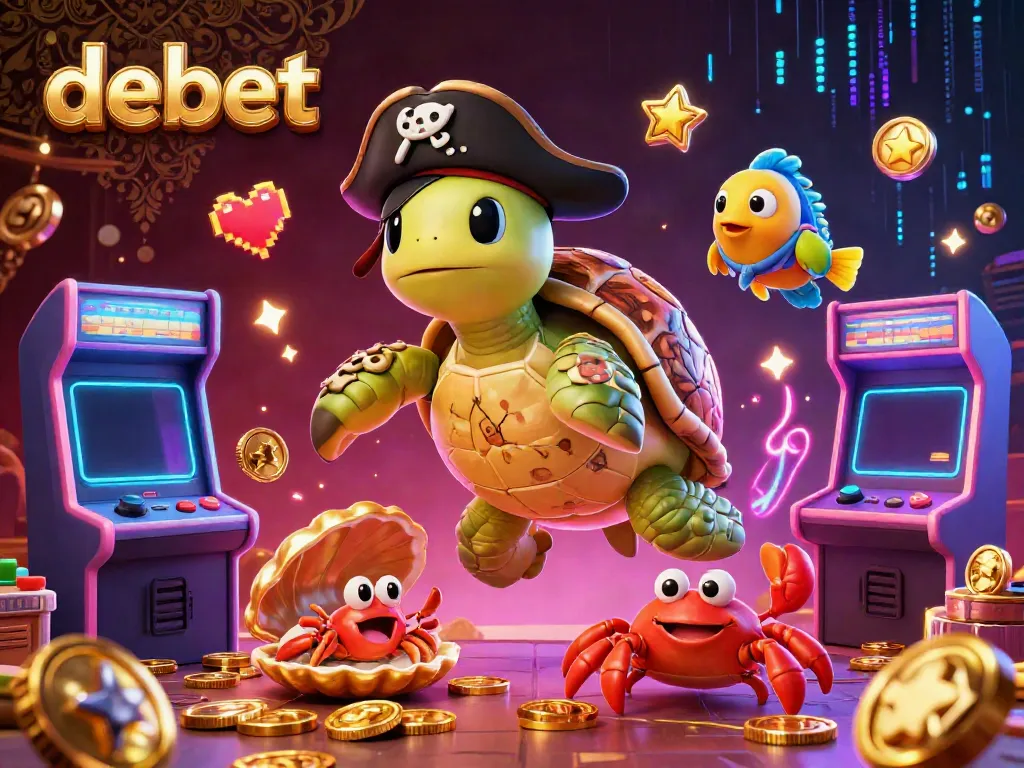 Engage in exciting gameplay with debet, featuring a pirate turtle and vibrant gaming elements above treasure.