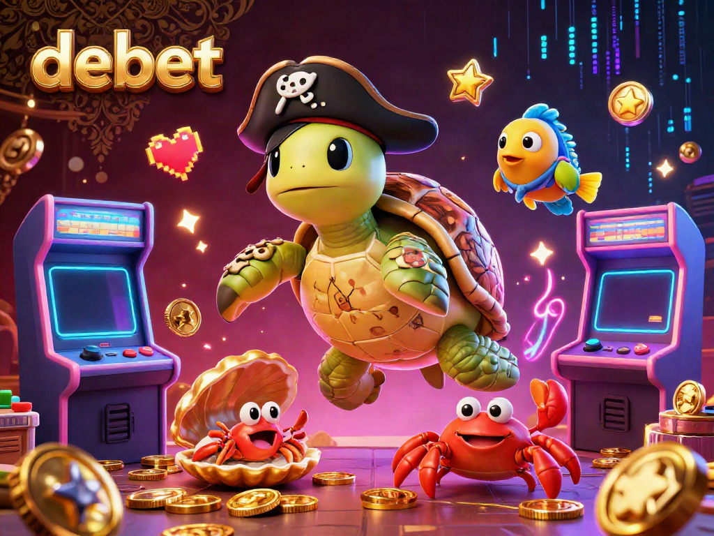 Engage in exciting gameplay with debet, featuring a pirate turtle and vibrant gaming elements above treasure.