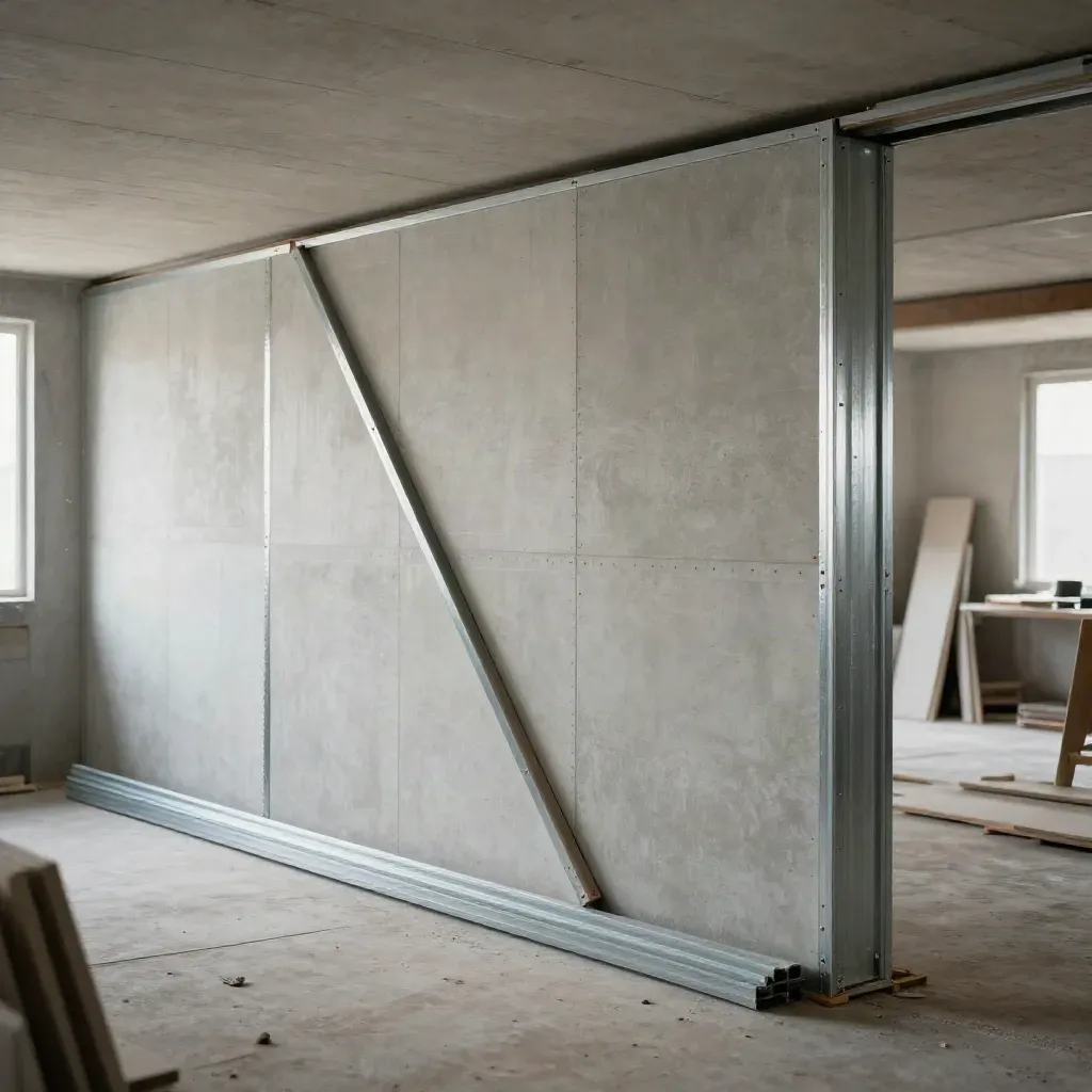 Frisch montierte Trockenbauwand teilt einen leeren Gewerberaum mit Metallprofilen.