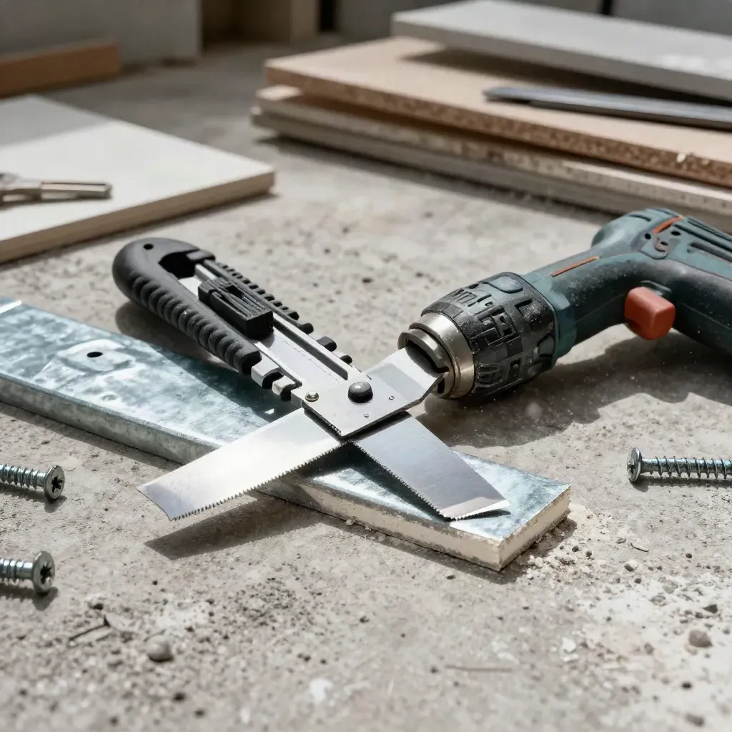 Trockenbau-Werkzeuge mit Cuttermesser, Metallständer und Akku-Schrauber auf staubigem Beton.