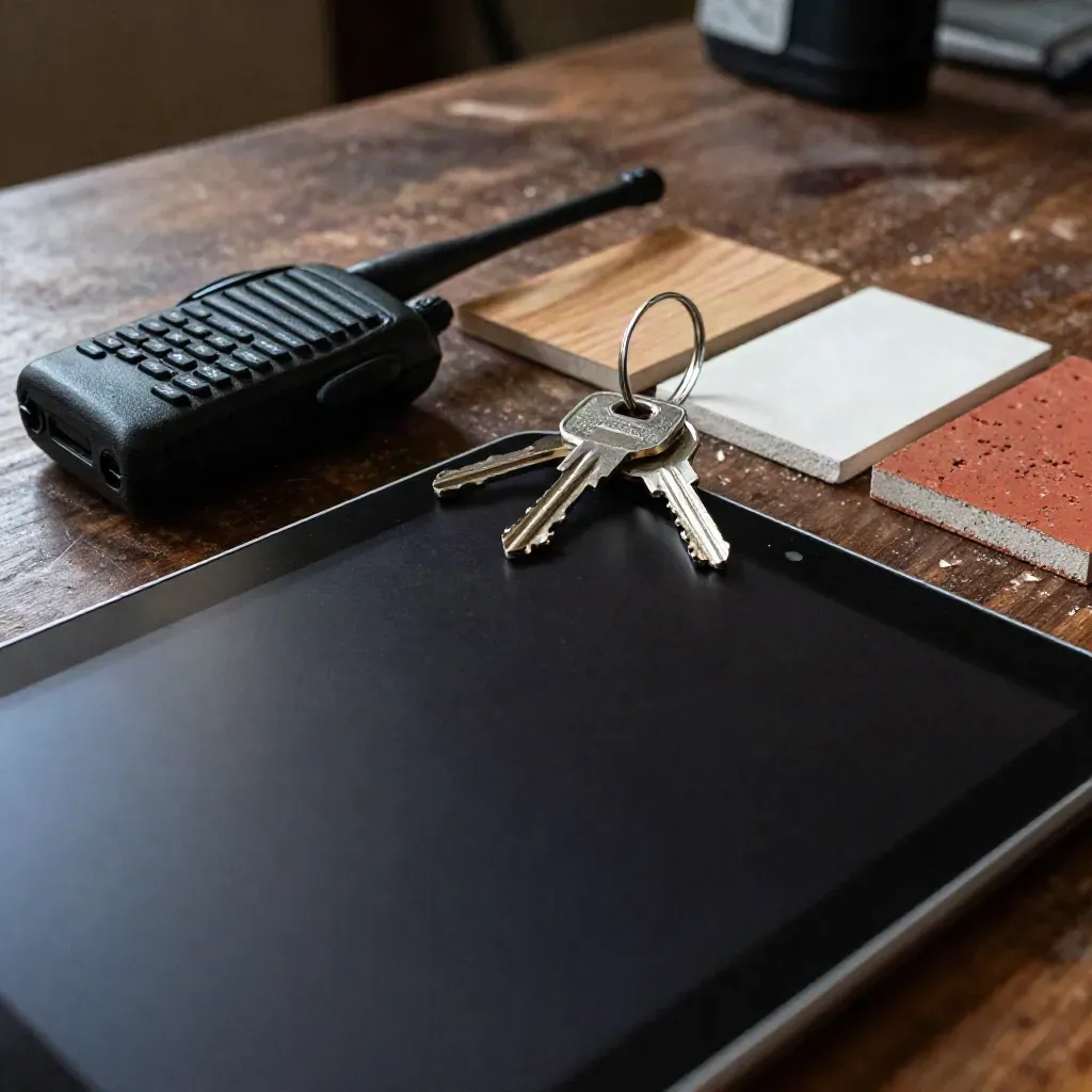 Tablet, Funkgerät, Schlüsselring und Finish-Proben auf dunklem Holz, extrem nah ausgeleuchtet.