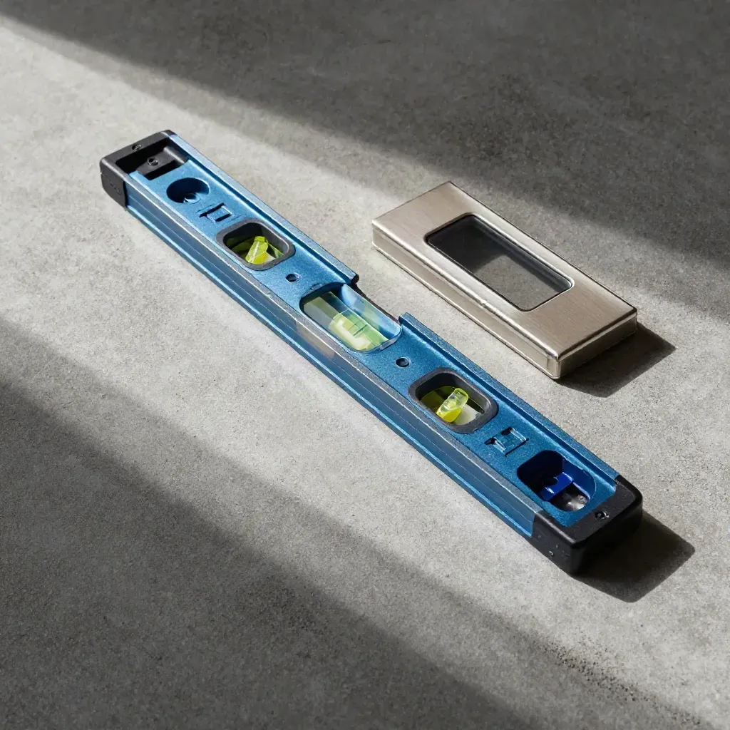 Wasserwaage, Laser-Modul und Metallprofile auf Beton, sauber von oben arrangiert.