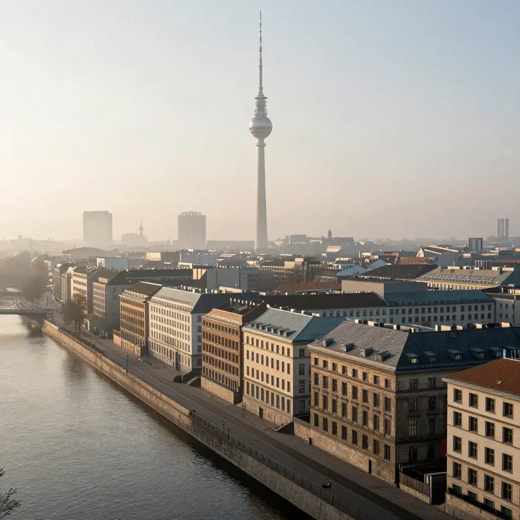 Fernsehturm und Spreeufer im Morgennebel über ruhigem Wasser in Berlin-Mitte