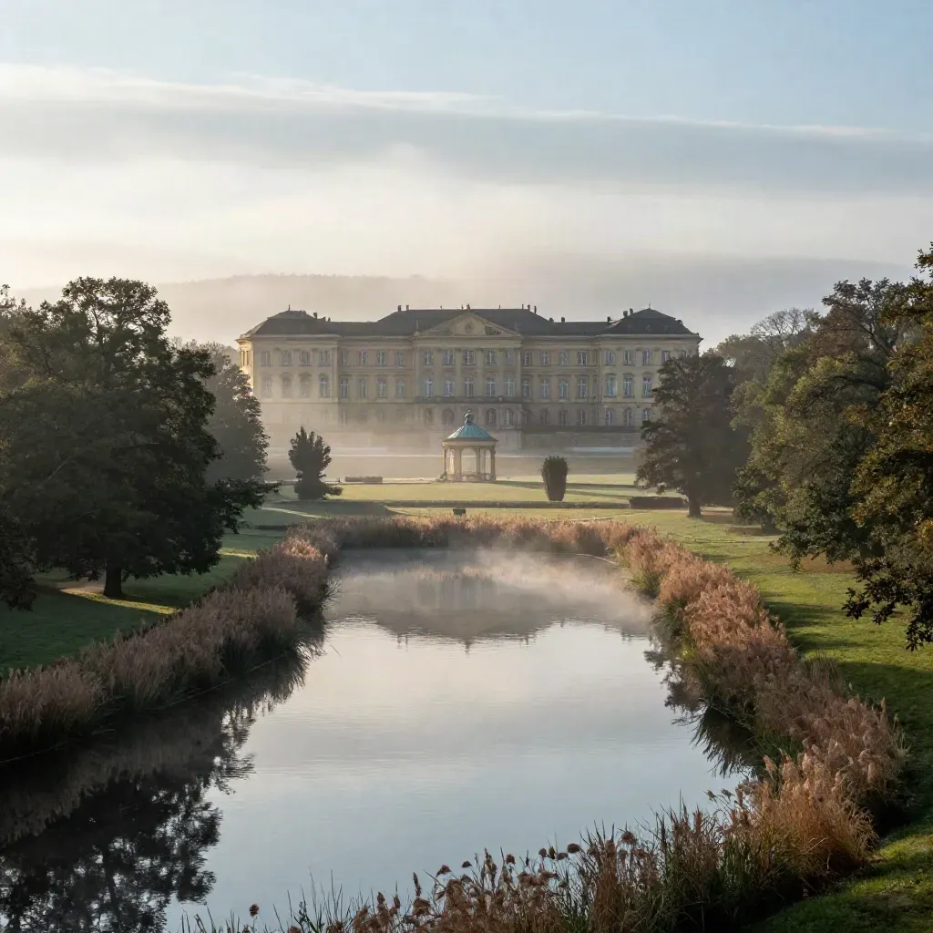 Schloss- und Parksilhouette über stillen Wasserflächen im Morgennebel bei Potsdam