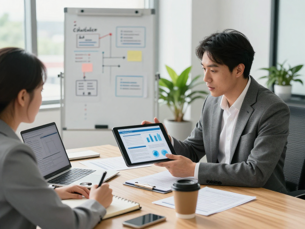 Beratungssitzung zur Datenschutzstrategie auf der Startseite mit einem erfahrenen Berater und einem Unternehmer in einem modernen Büro
