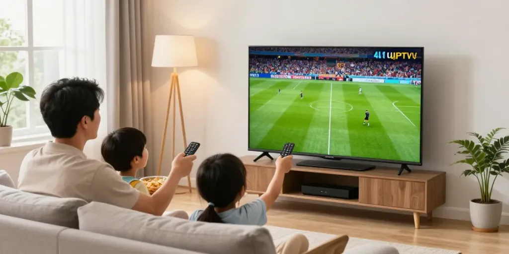 Family enjoying UpIPTV, the beste IPTV anbieter for live sports streaming in 4K.