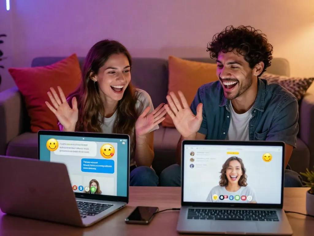Engaging porn chat scene with couple video chatting and playful expressions.