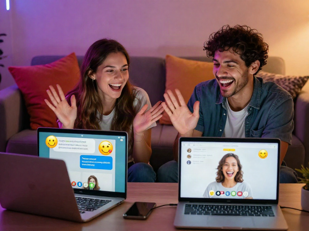 Engaging porn chat scene with couple video chatting and playful expressions.