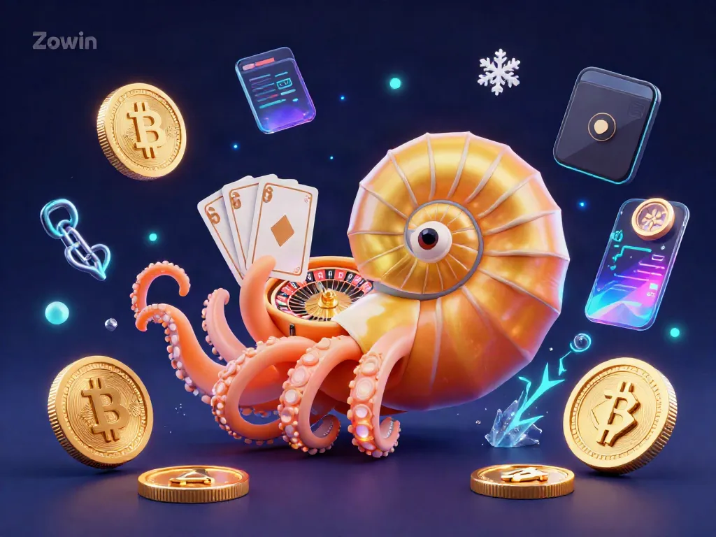 Experience exciting gameplay with Zowin's dynamic 3D scene featuring a majestic nautilus as a roulette wheel and vibrant digital elements.