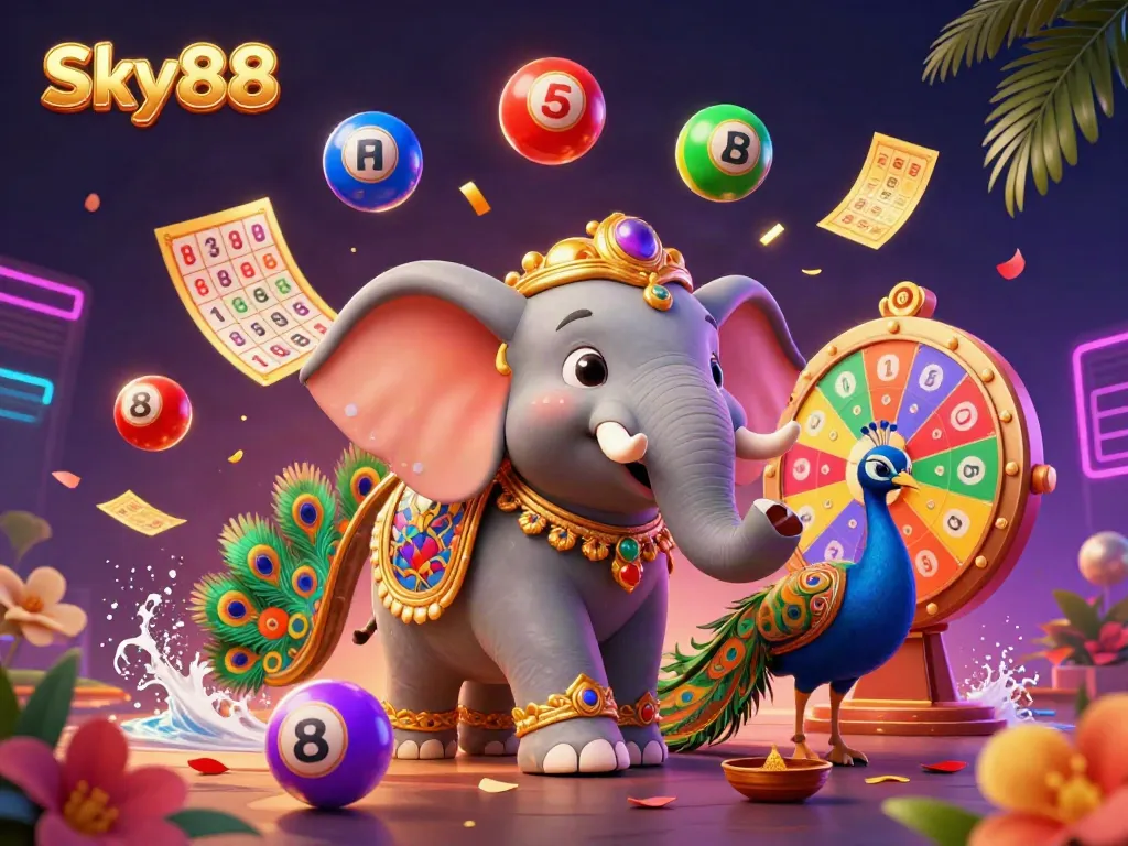 Engage with exciting games at Sky88, featuring colorful lottery balls and dynamic casino elements.