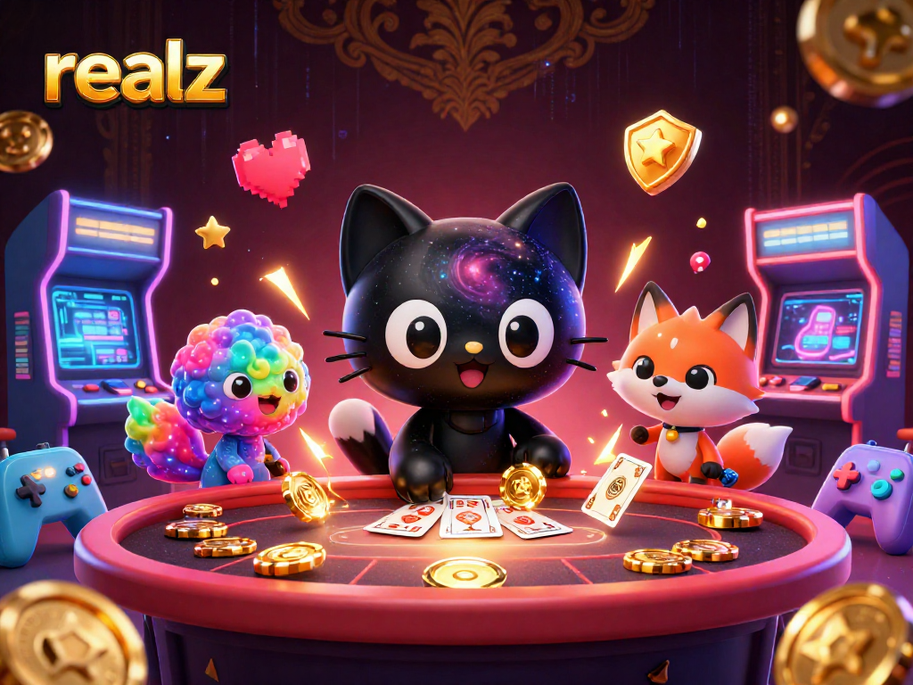 Die realz Casino-Welt zeigt eine galaktische Katze und einen Nebel-Fox inmitten von Spielmaschinen.
