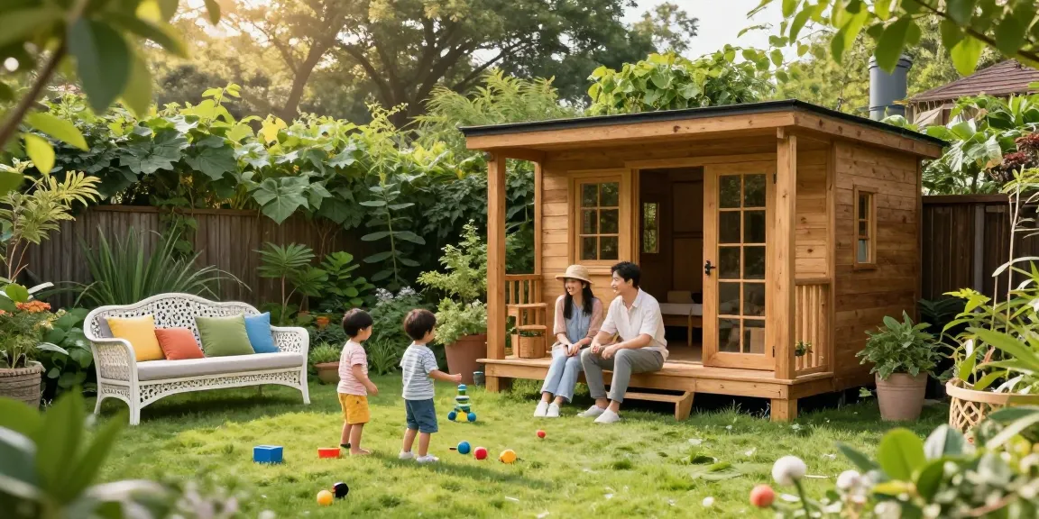 Ein Gartenhaus Holz als Mittelpunkt, umgeben von einer glücklichen Familie und schönem Gartenleben.