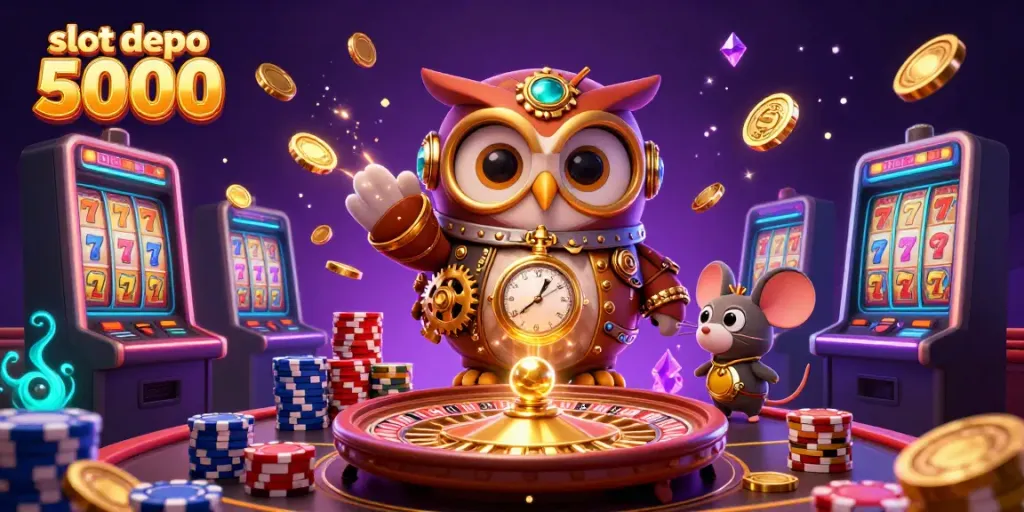 Experience slot depo 5000 with this vibrant 3D illustration filled with casino elements and rich details.