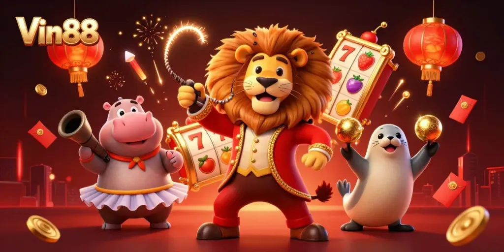 Experience Vin88's vibrant casino atmosphere with enticing slot games and dynamic characters.