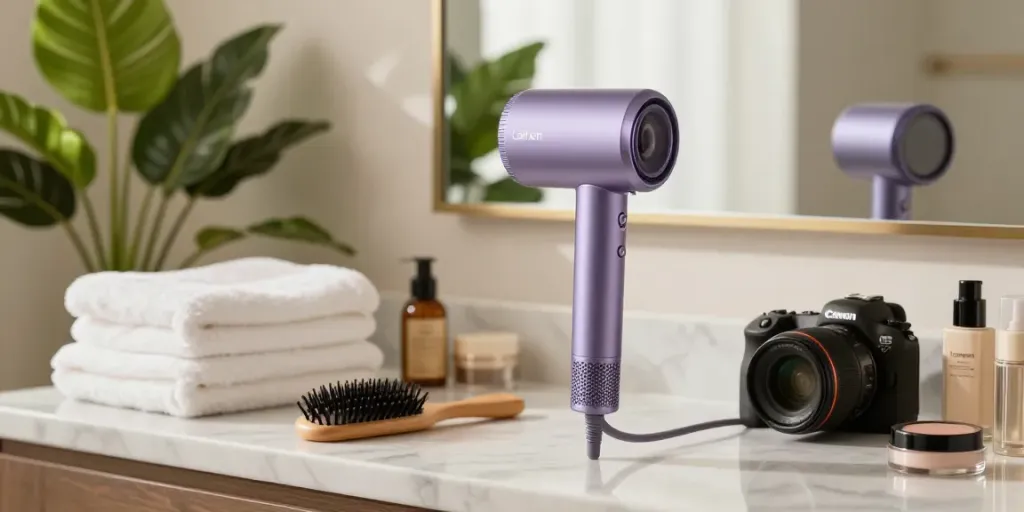 Laifen Air Pro Haartrockner in eleganter Badezimmerumgebung mit luxuriösen Handtüchern und Kosmetikprodukten.