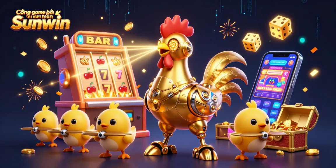 Cổng game bài đổi thưởng Sunwin features a futuristic rooster robot amidst exploding jackpots and vibrant casino elements.