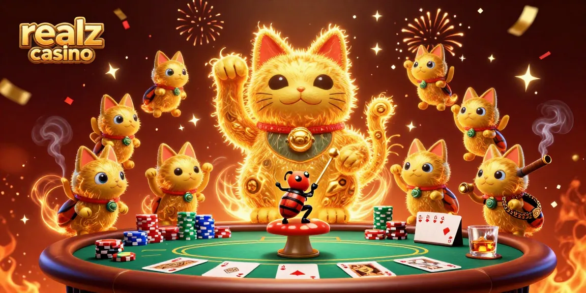 Realz casino artwork featuring vibrant gaming elements and a lucky cat made of golden fireflies.