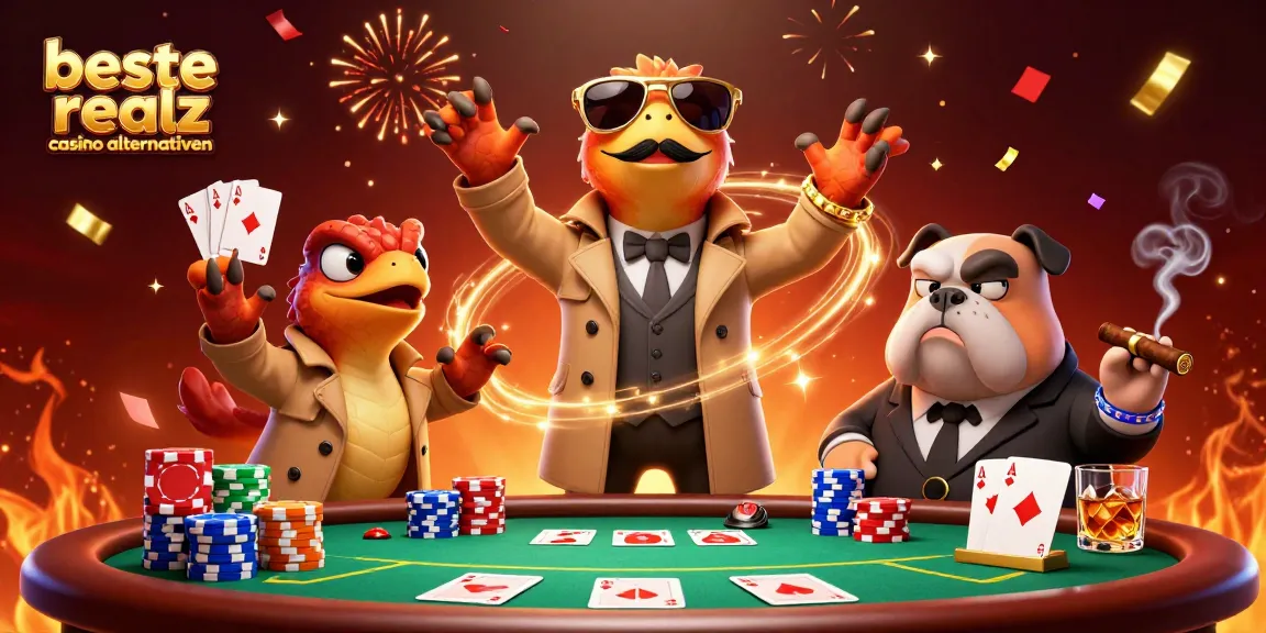 Beste Realz Casino Alternativen: 3D Cartoon-Raptoren in einem VIP-Casino, umgeben von Poker-Chips und Karten.