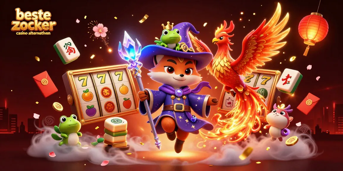 Beste Zoccer Casino Alternativen: Illustrierte 3D-Szene mit Slot-Motiven, magischen Charakteren und Spielelementen.