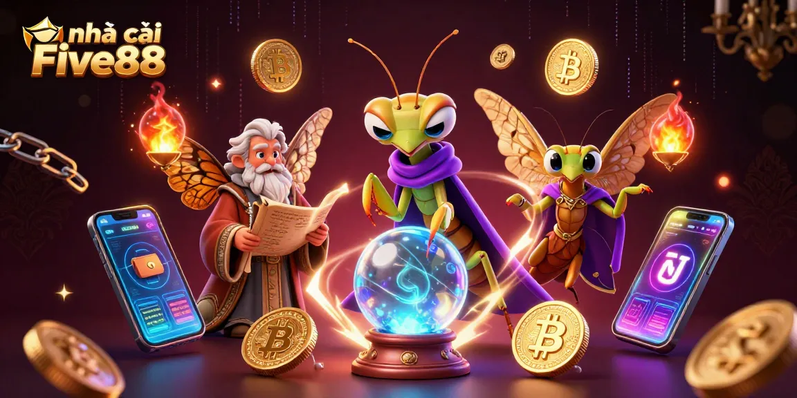 Engage with nhà cái Five88's vibrant casino world through a mystical fortune-telling scene featuring crypto elements.